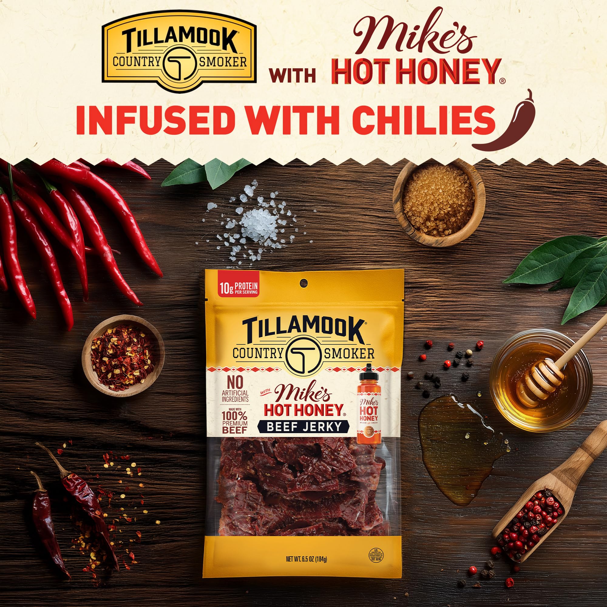 High protein on-the-go snack featuring Mike's Hot Honey jerky