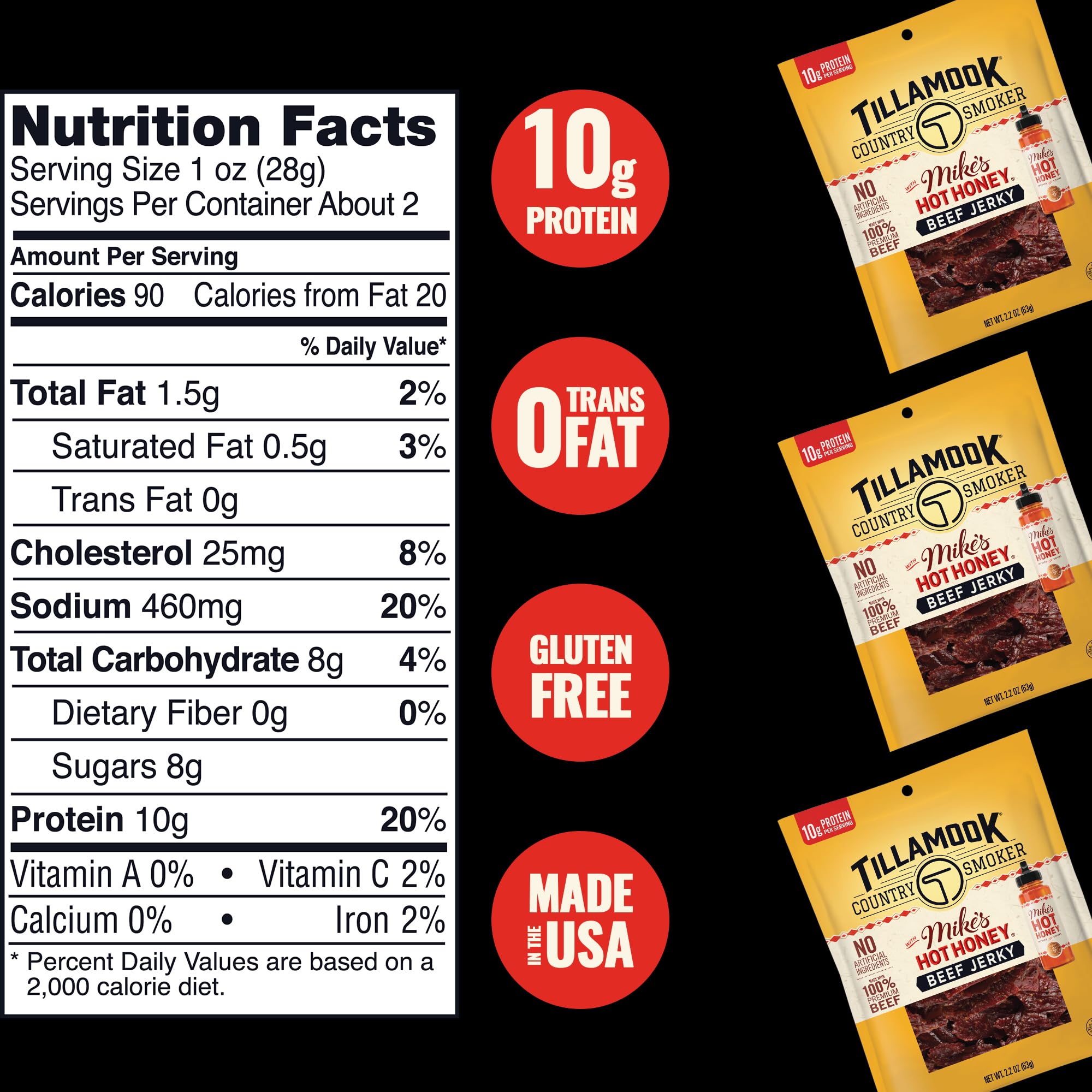Tillamook Mikes Hot Honey beef jerky nutrition label highlights protein and carb details.
