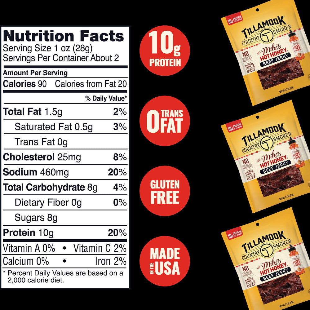 Tillamook Mikes Hot Honey beef jerky nutrition label highlights protein and carb details.