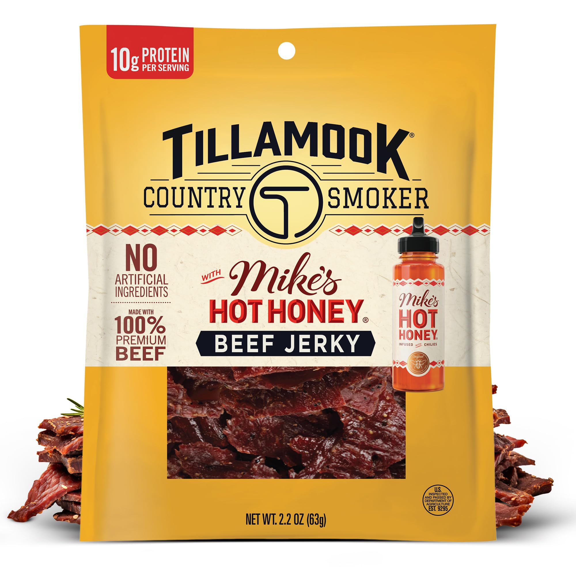 Tillamook Mike’s Hot Honey beef jerky packaging highlights on-the-go protein and bold flavor.