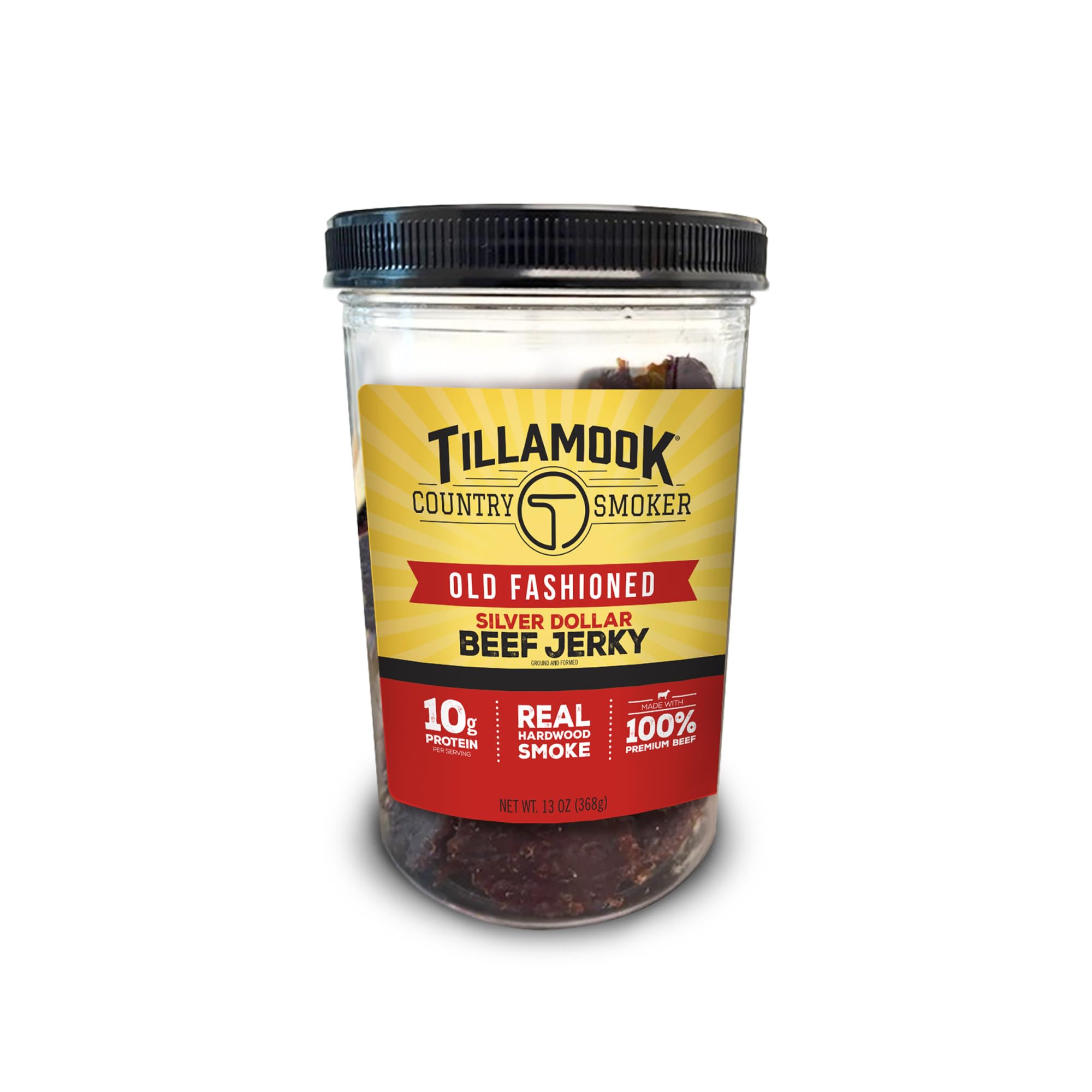 Tillamook Old Fashioned Silver Dollar Beef Jerky jar with hardwood smoke flavor.
