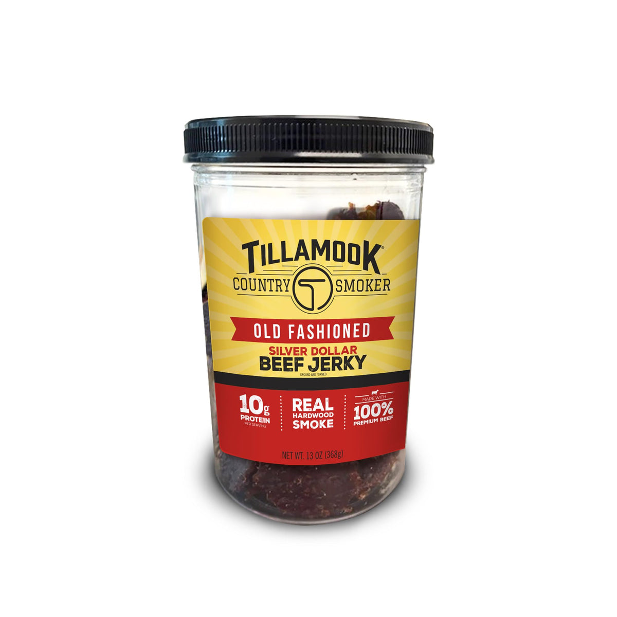 Tillamook Old Fashioned Silver Dollar Beef Jerky jar with hardwood smoke flavor.