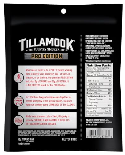 Tillamook PRO jerky with hardwood smoke, rich aroma.
