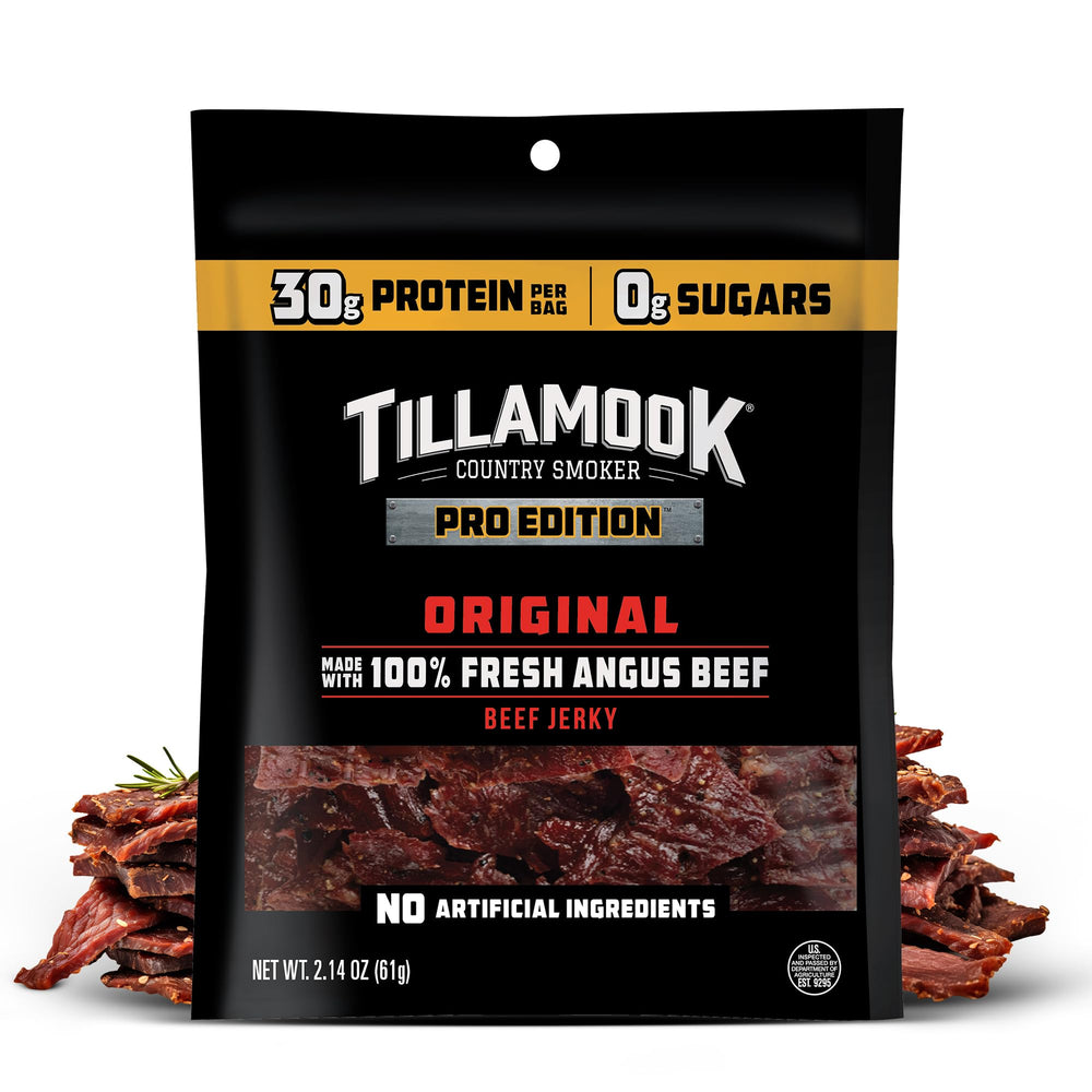 Tillamook PRO Original jerky bag, protein-packed on-the-go snacking.