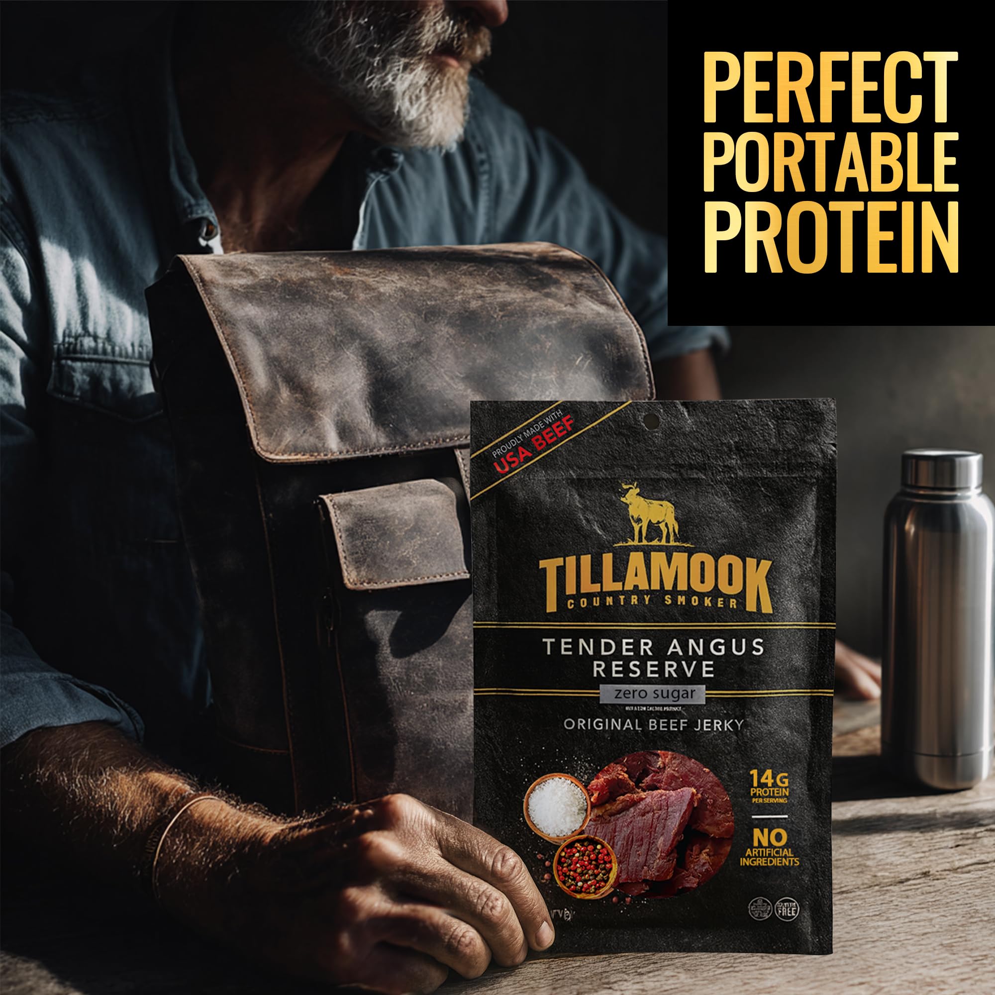 Tillamook jerky nutrition label close-up — highlights 14g protein per serving and zero sugar.