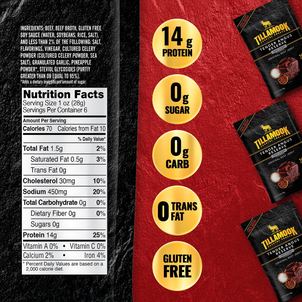 Tillamook Tender Angus Reserve jerky slices close-up — savory, slow-smoked flavor.