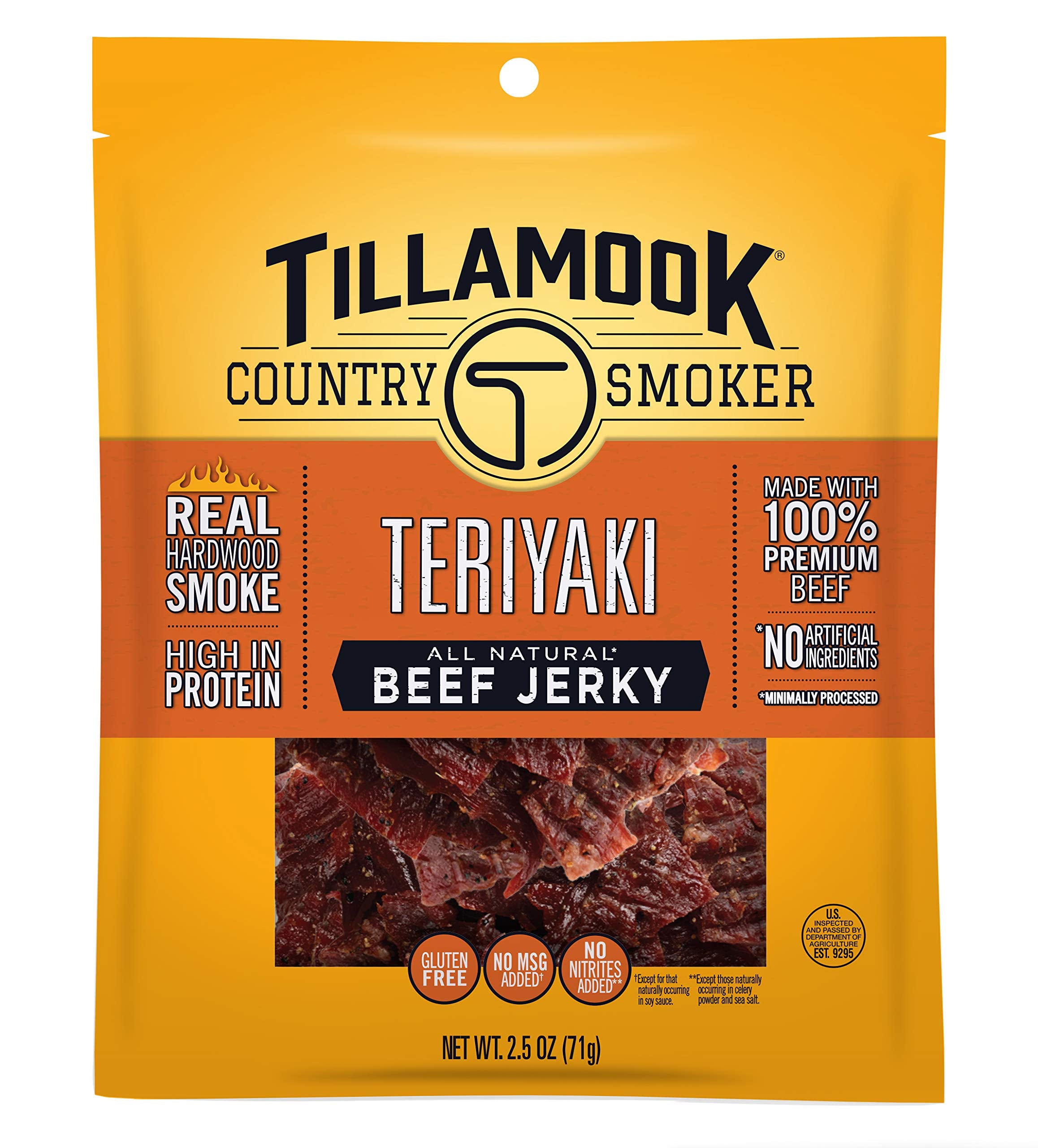Tillamook Teriyaki Beef Jerky bag front, protein-packed snack for busy days.