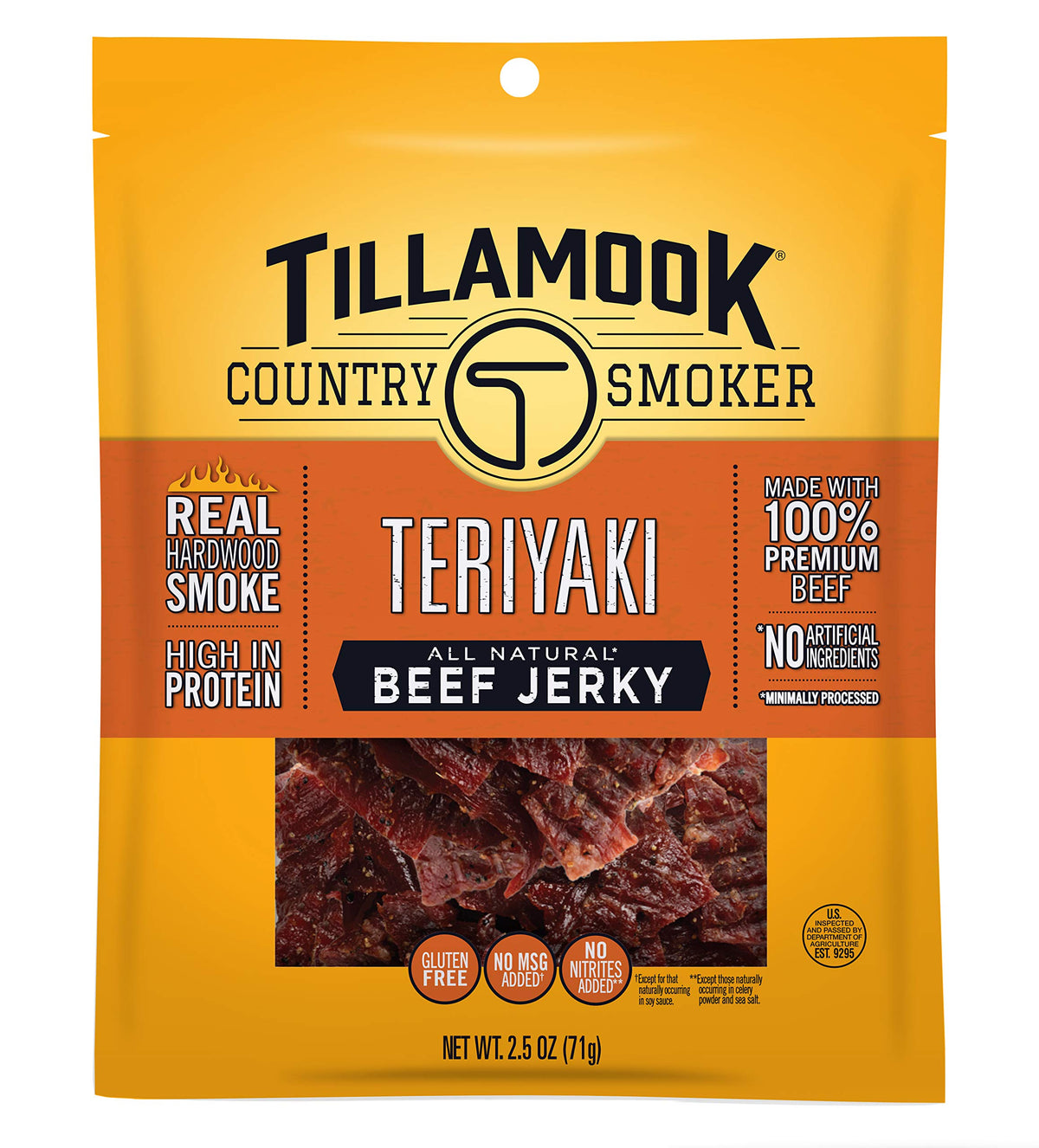 Tillamook Teriyaki Beef Jerky bag front, protein-packed snack for busy days.