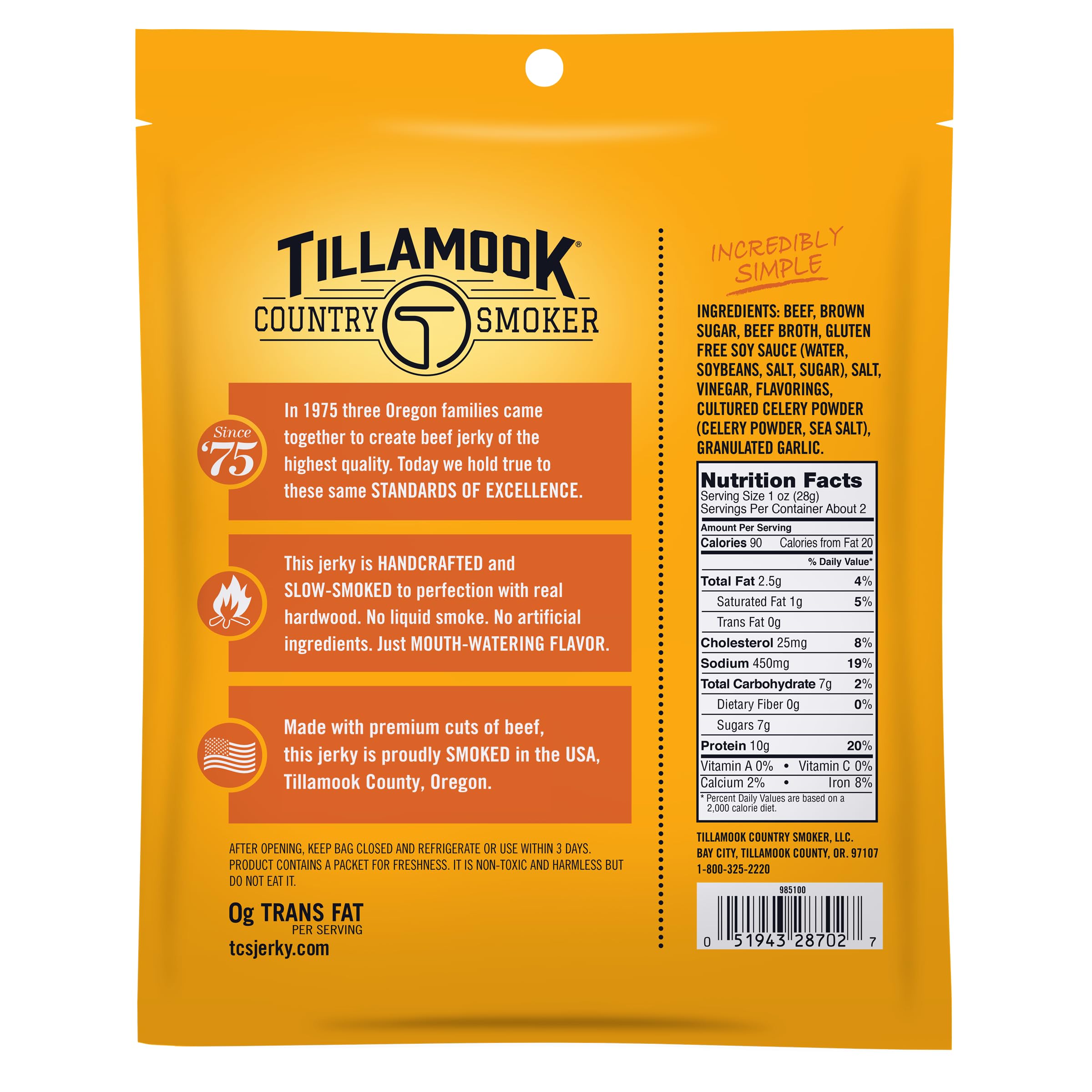 Tillamook Teriyaki beef jerky ingredients label, gluten-free and simple ingredients.