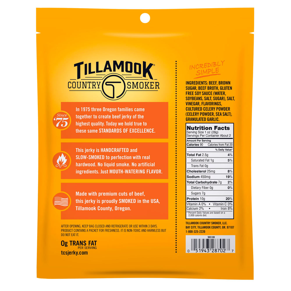 Tillamook Teriyaki beef jerky ingredients label, gluten-free and simple ingredients.