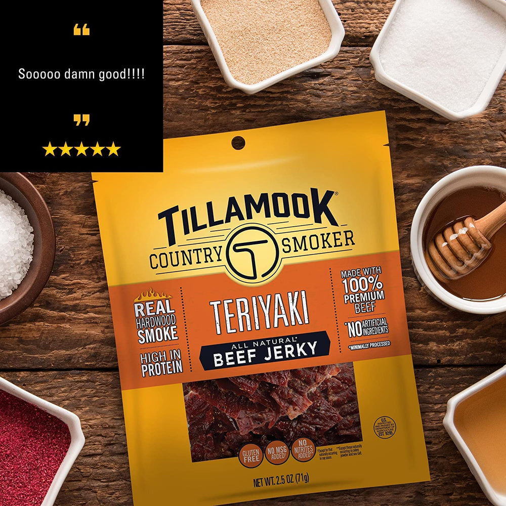 Tillamook Teriyaki beef jerky on plate, perfect for quick lunch or hike.