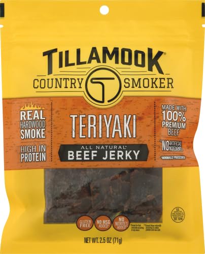 Tillamook Teriyaki beef jerky packaging on shelf, ready for purchase.