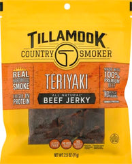 Tillamook Teriyaki beef jerky packaging on shelf, ready for purchase.