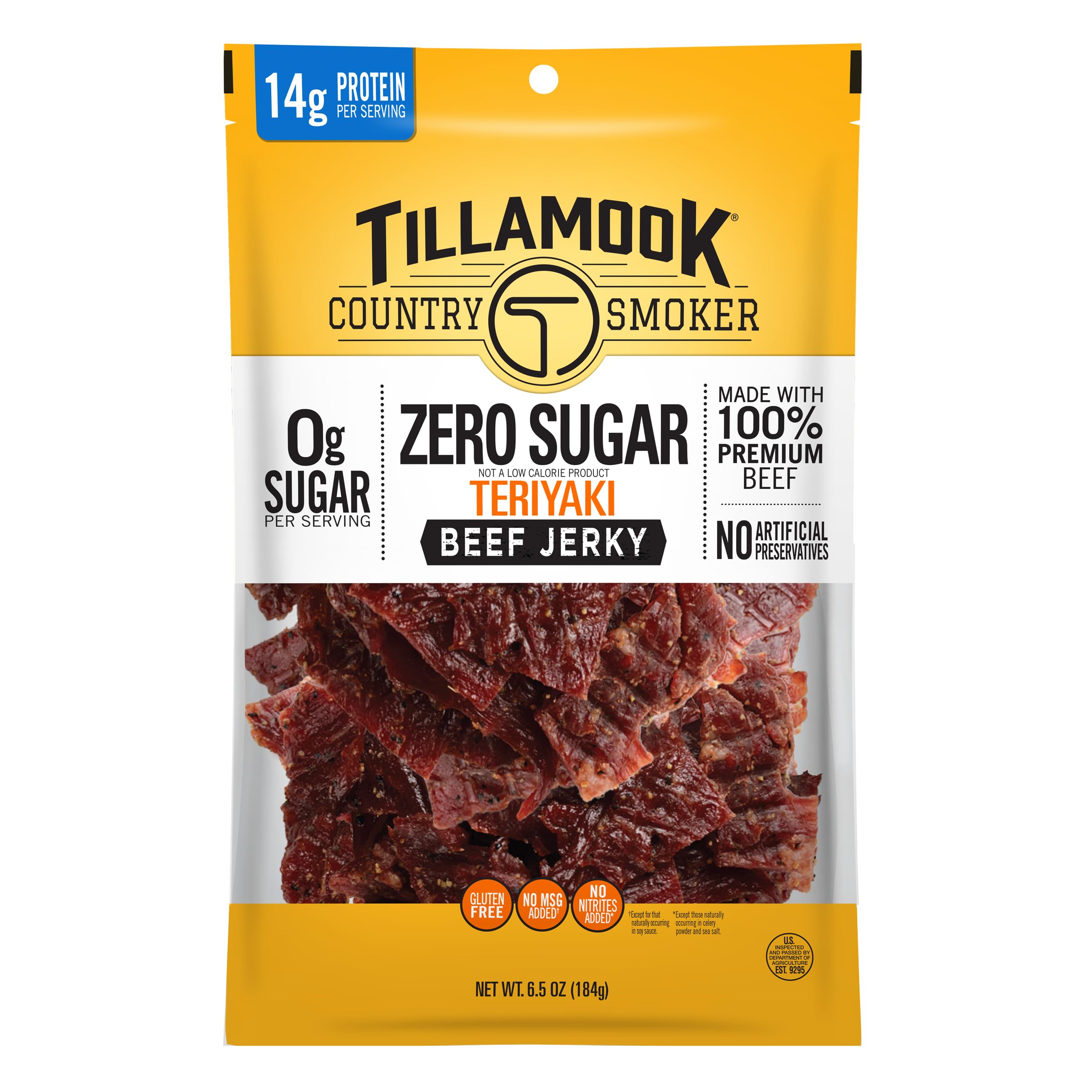 Tillamook Teriyaki Beef Jerky pack view, keto-friendly zero sugar snack on the go.