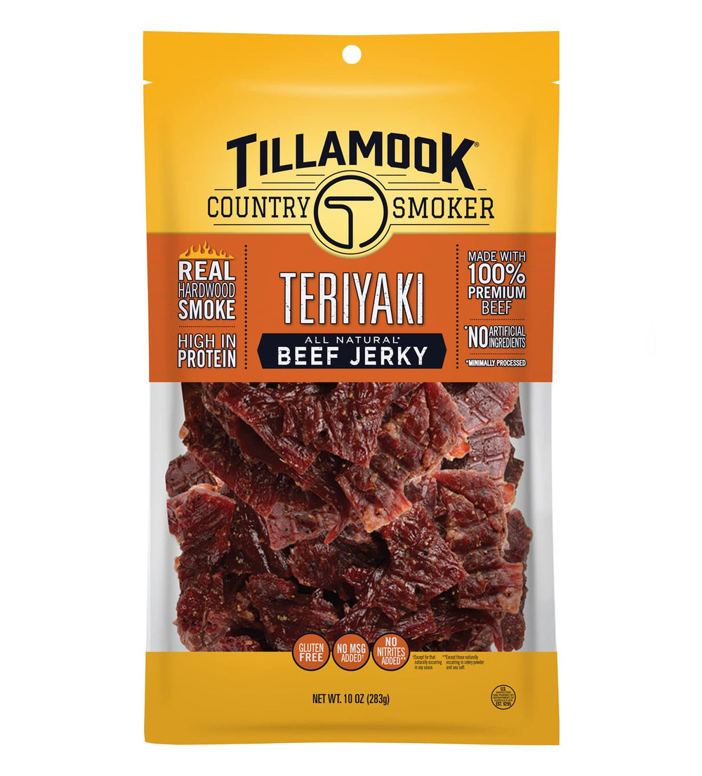 Tillamook Teriyaki Beef Jerky packaging highlights hardwood-smoked flavor for snacking