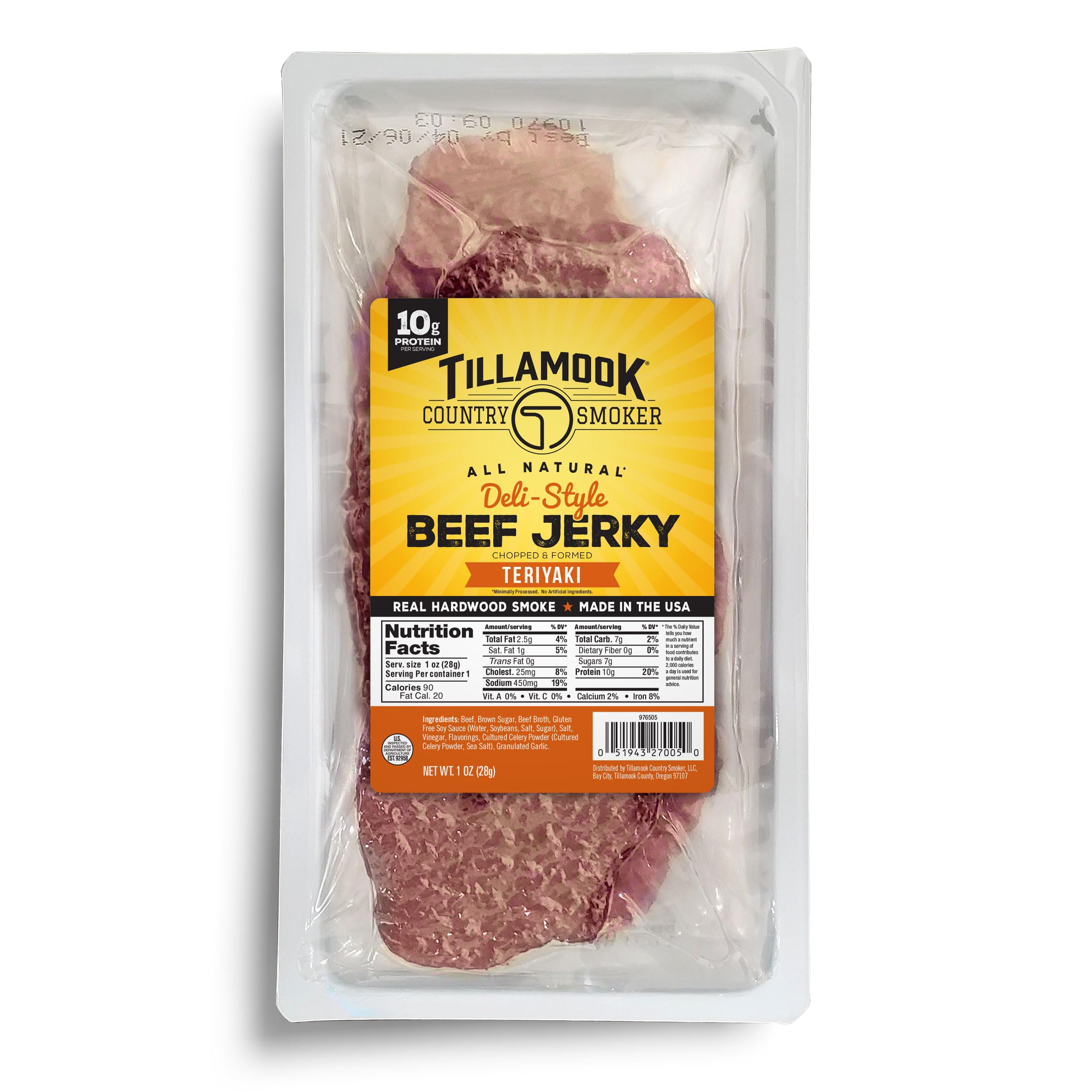 Tillamook Teriyaki Slab beef jerky thin-slice close-up, premium protein snack.