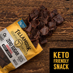 Tillamook Zero Sugar Beef Jerky nutrition label front shows zero sugar and 14 g protein per serving.