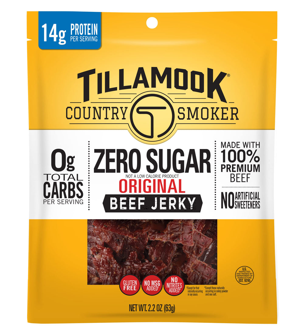 Tillamook Zero Sugar Beef Jerky original pack on shelf, a convenient protein snack.