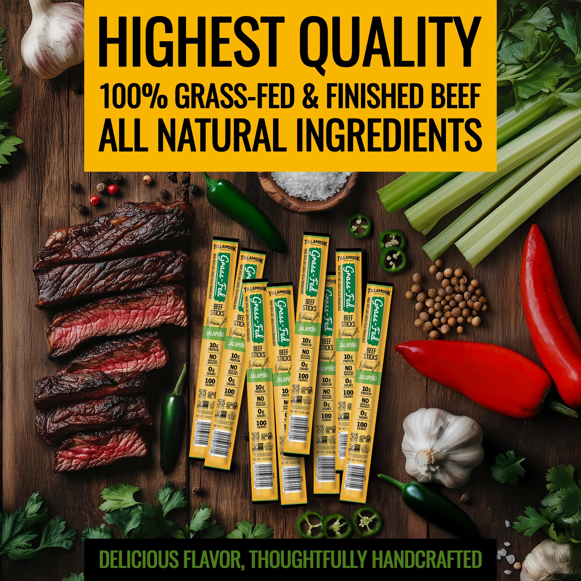 Tillamook zero sugar beef stick, gluten-free and Whole30 approved for low-carb snacking.