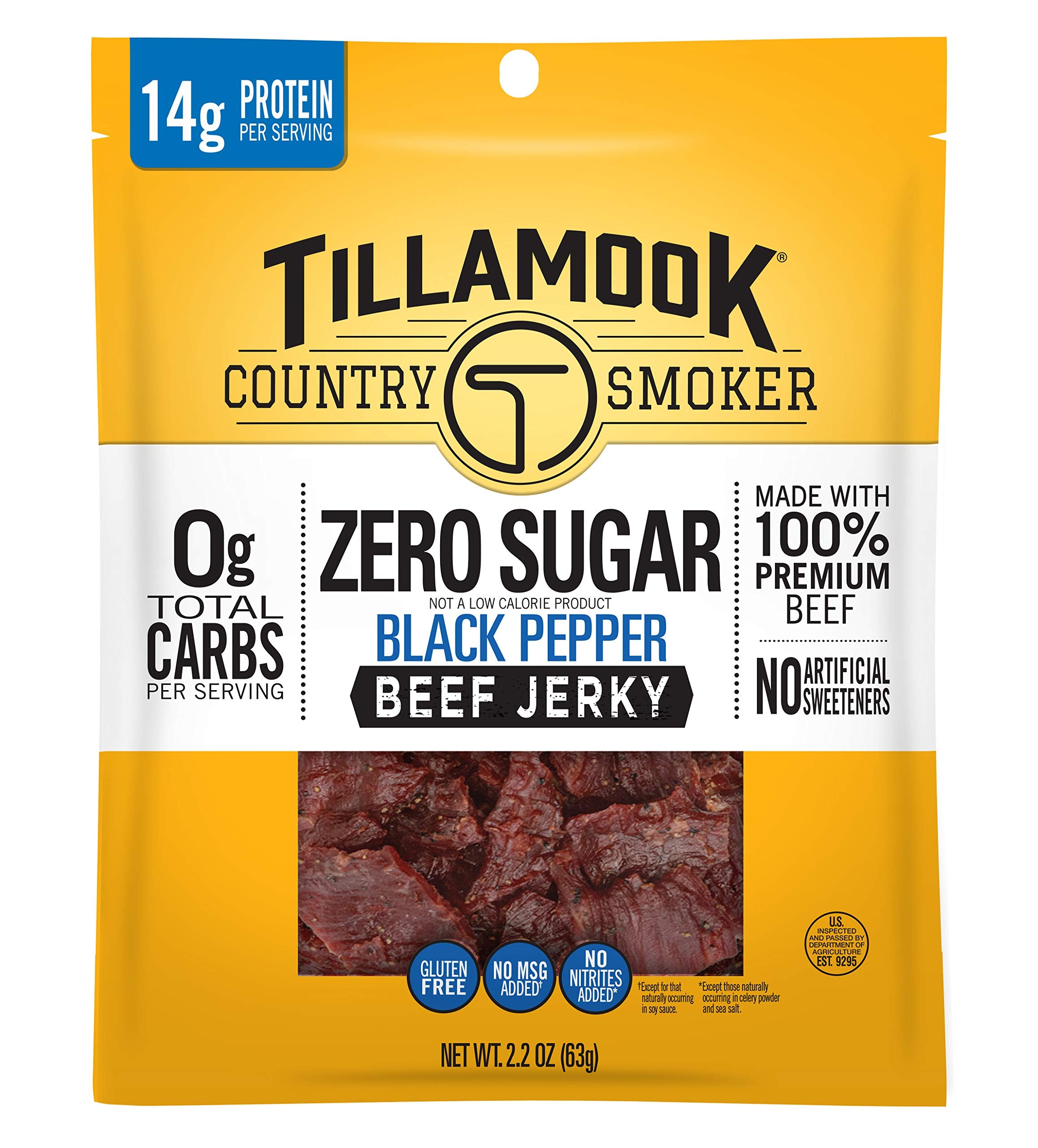 Tillamook Zero Sugar Black Pepper Jerky bag front showcasing keto friendly snack