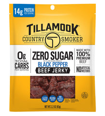 Tillamook Zero Sugar Black Pepper Jerky bag front showcasing keto friendly snack