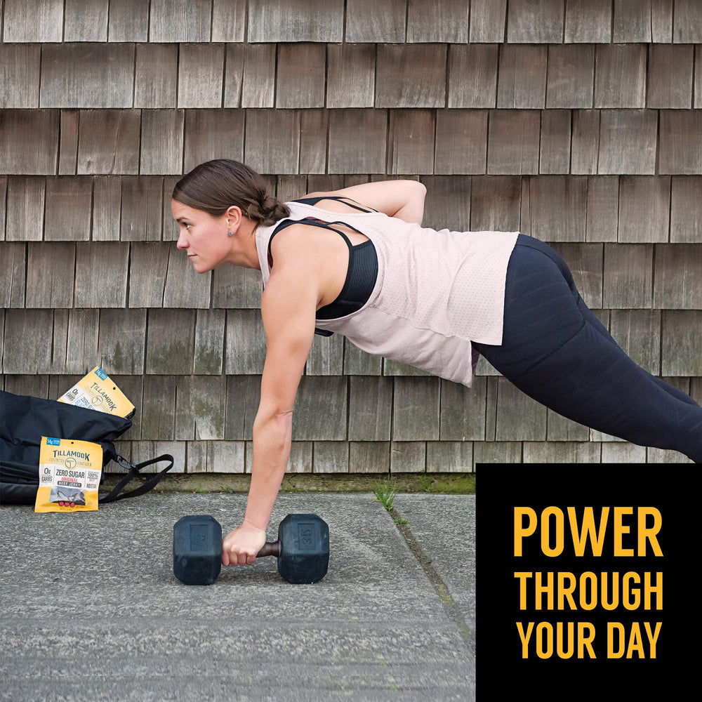 Tillamook Zero Sugar jerky on the go pouch demonstrates portable protein for busy days.