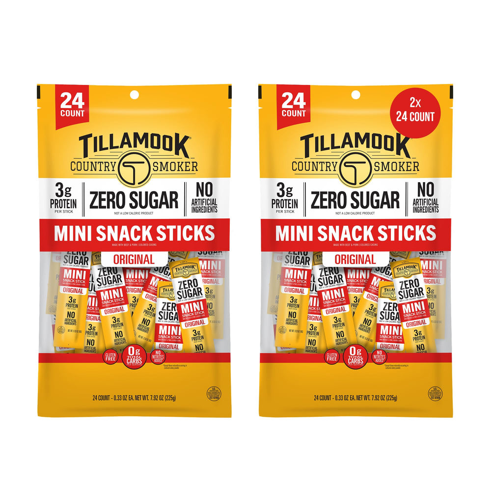 Tillamook Zero Sugar Original Mini Smoked Sausages pack; convenient on-the-go snacking.