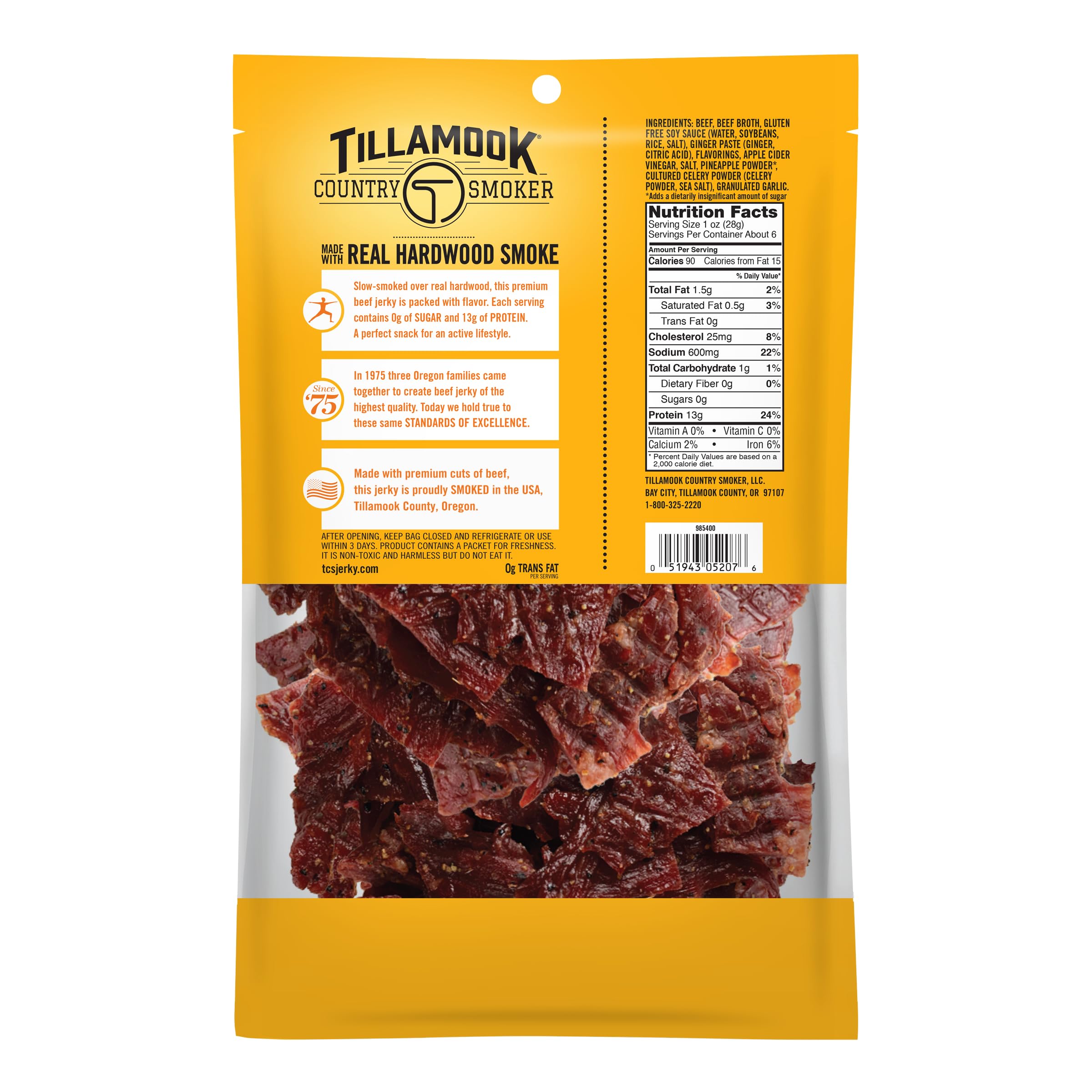 Tillamook Zero Sugar Teriyaki Jerky label close-up highlighting zero sugar.
