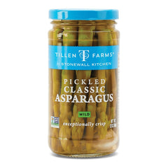 Tillen Farms Mild Pickled Asparagus jar, front view, crisp spears perfect for snacking.