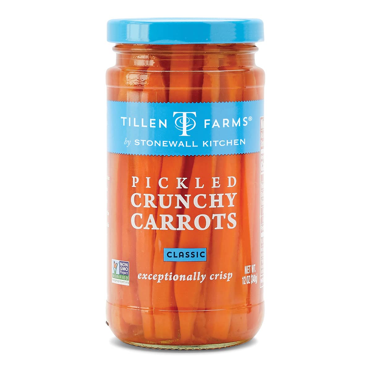 Tillen Farms Pickled Crunchy Carrots in a 12oz jar, perfect for snacking or garnishes.