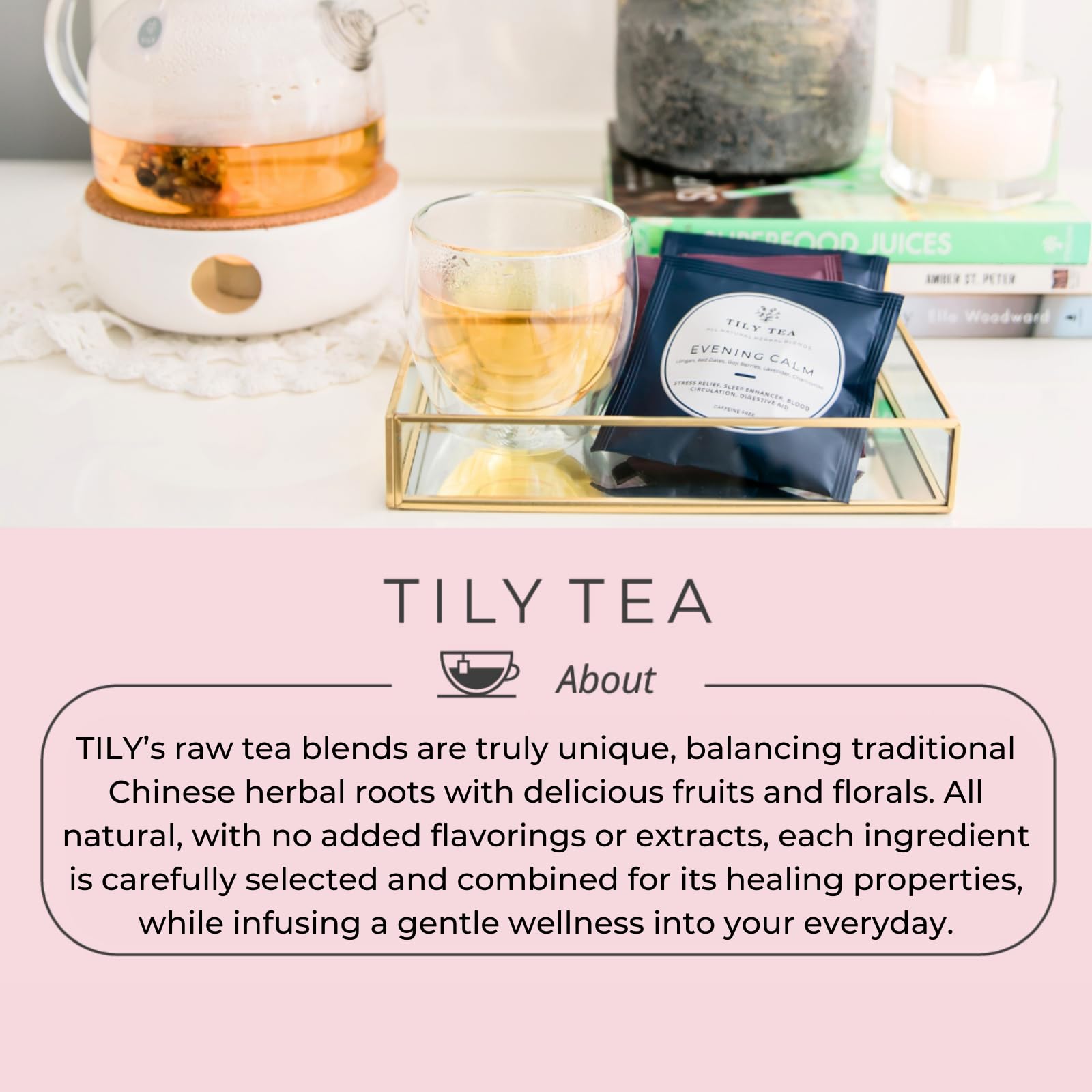 Tily Tea assorted box showing two of each flavor and sustainable design