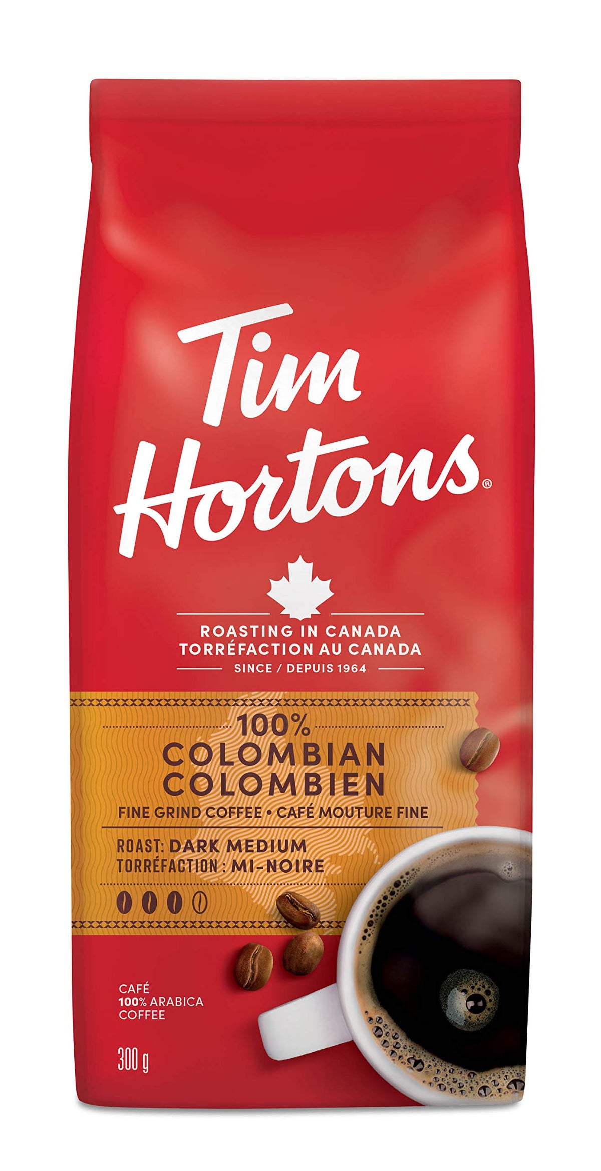 Tim Hortons Colombian Arabica coffee bag showing 100% Arabica beans for a smooth cup.