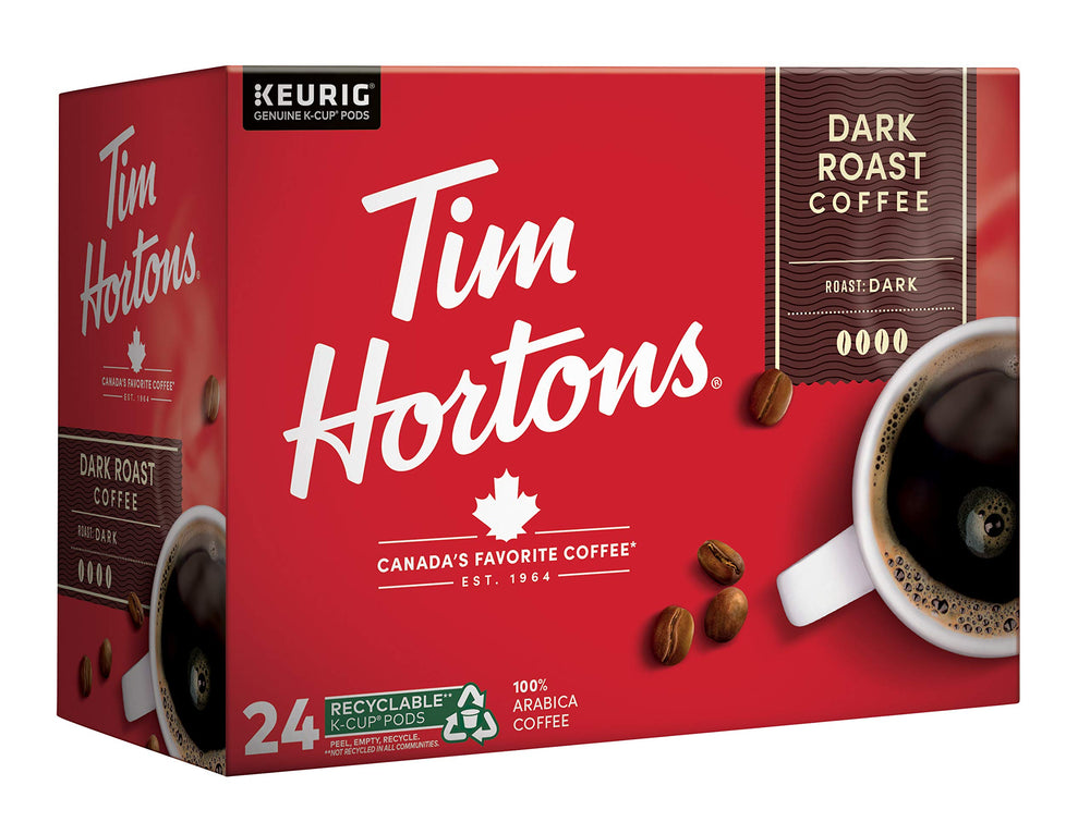 Tim Hortons 24-count pack of dark roast coffee pods ready to brew