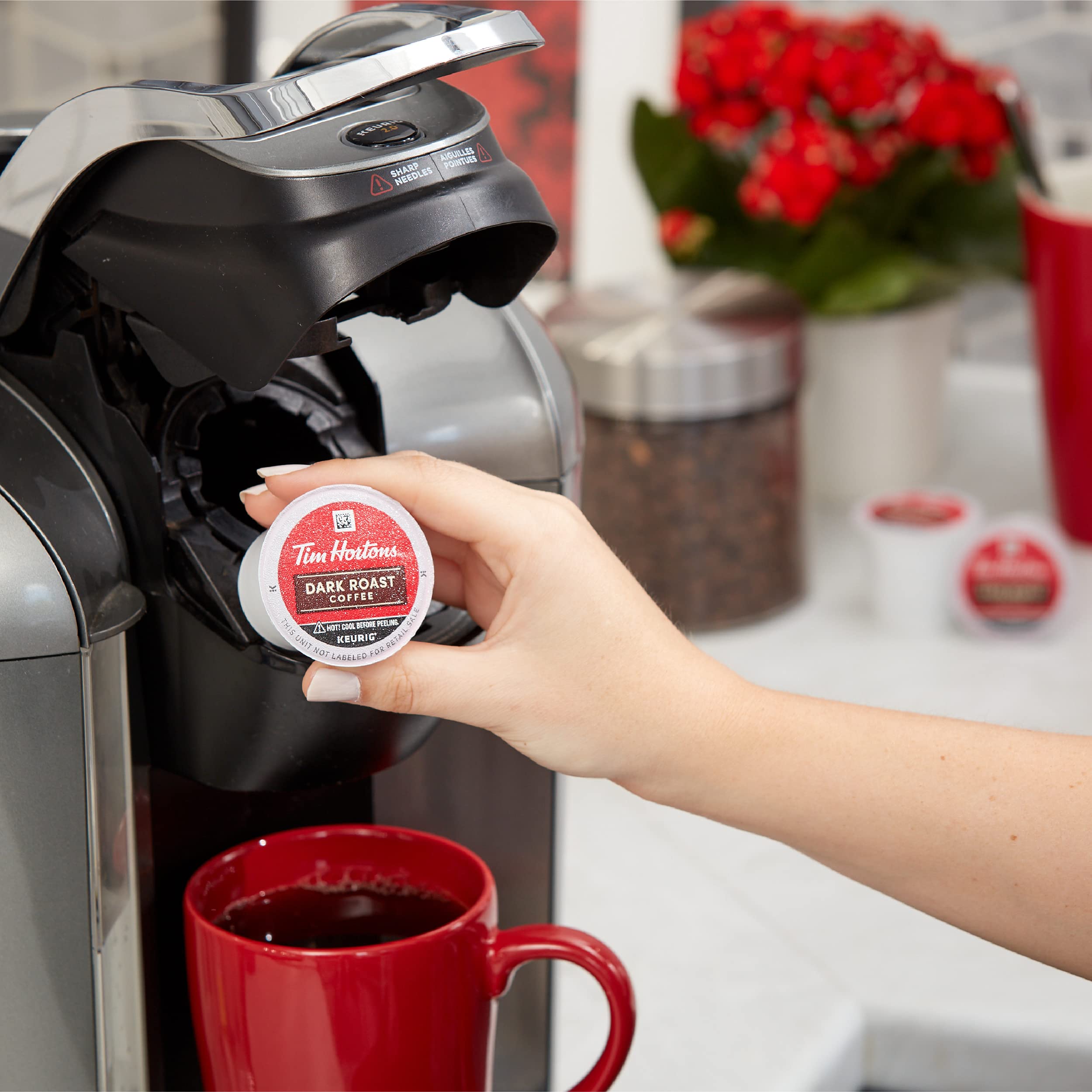 Close-up of Tim Hortons Dark Roast beans for a rich cup.