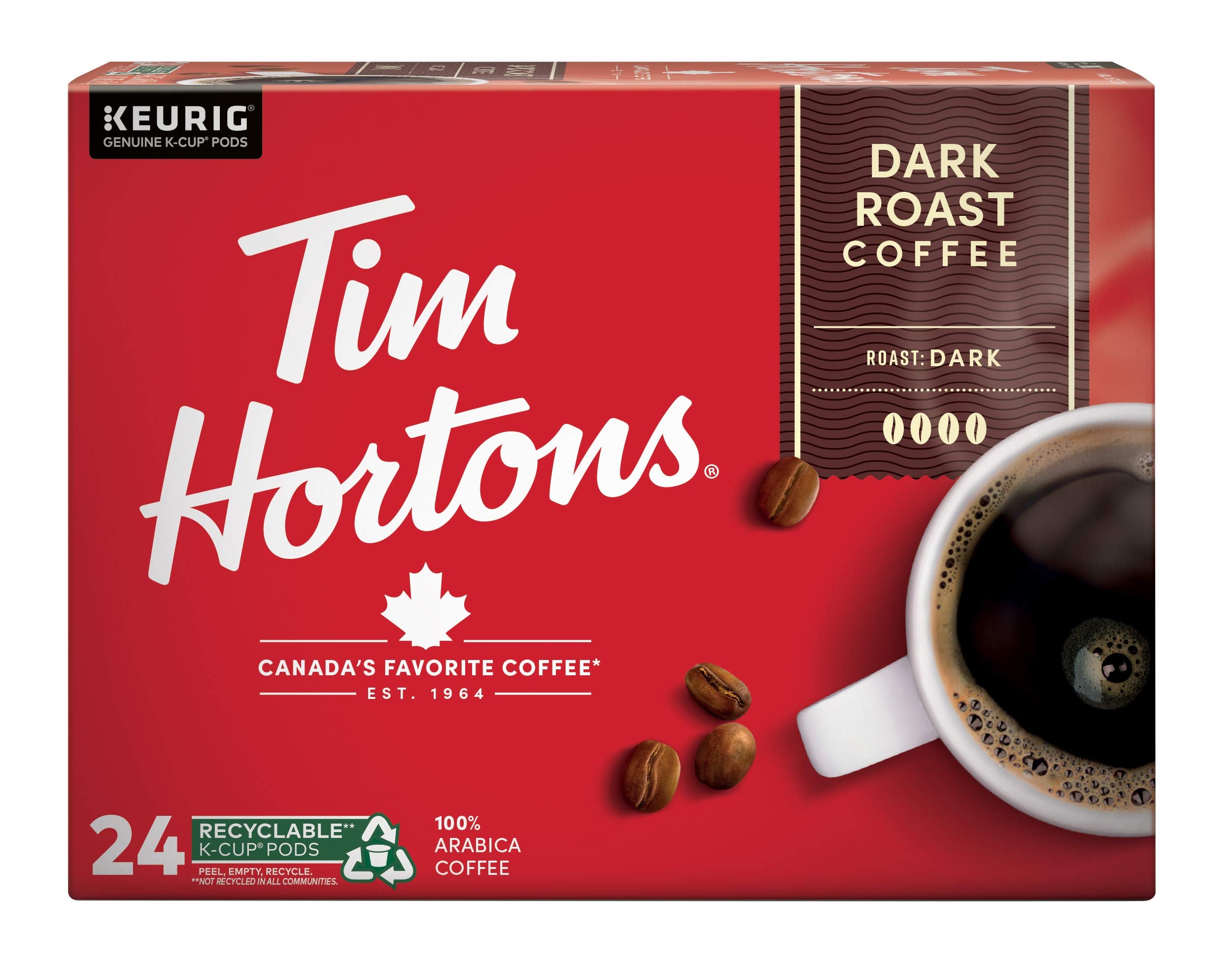 Close-up of a Tim Hortons dark roast capsule being opened