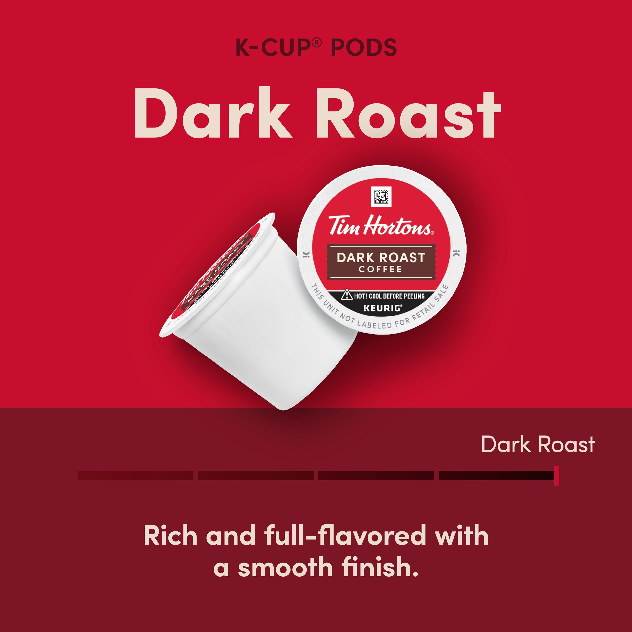 Tim Hortons Dark Roast coffee canister close-up, premium Arabica beans chosen for consistent flavor.