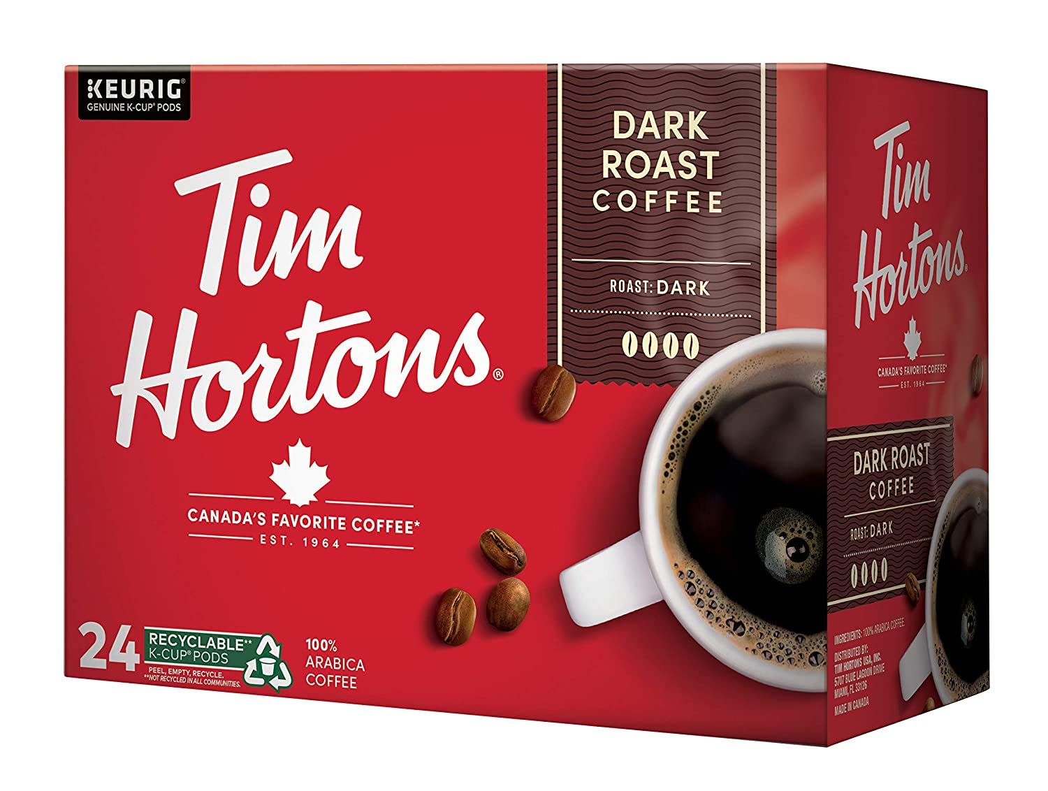 Tim Hortons dark roast coffee pod loaded in a Keurig for quick brewing