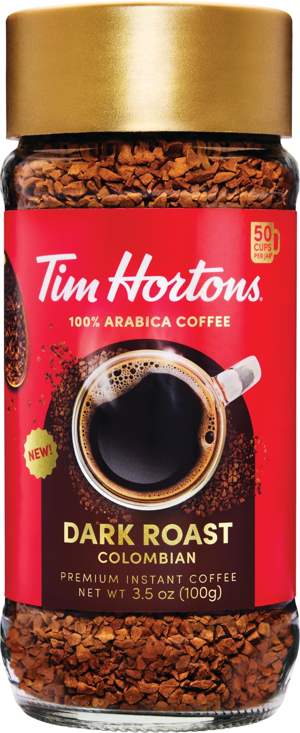 Tim Hortons Dark Roast instant coffee jar close-up highlighting bold aroma