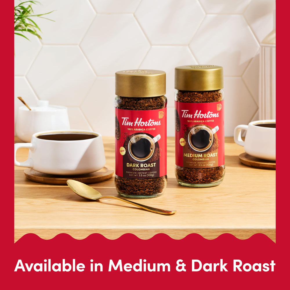 Tim Hortons Dark Roast instant coffee scoop beside the jar for easy brewing