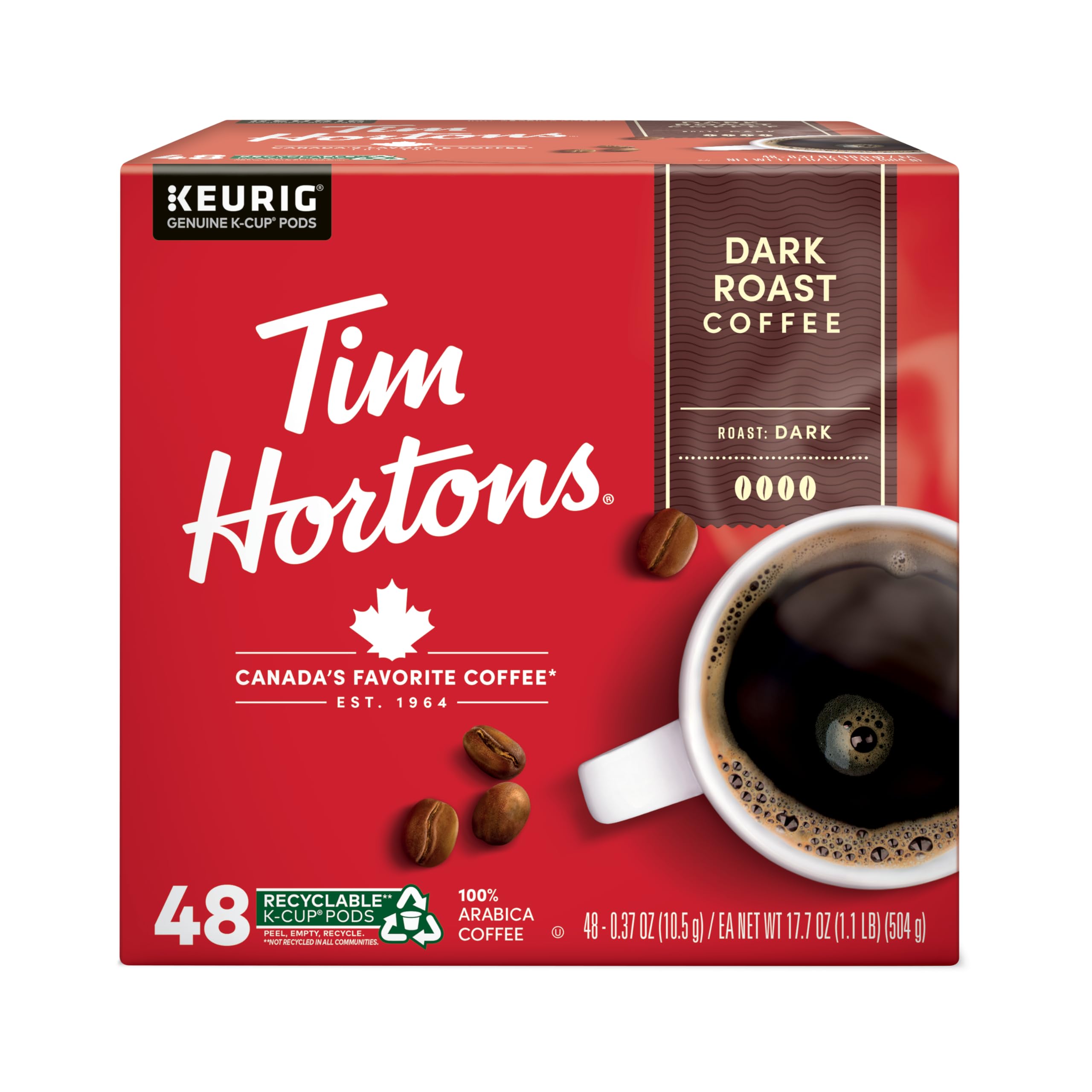 Tim Hortons Dark Roast K-Cup pods front view, bold flavor ready for your morning ritual.