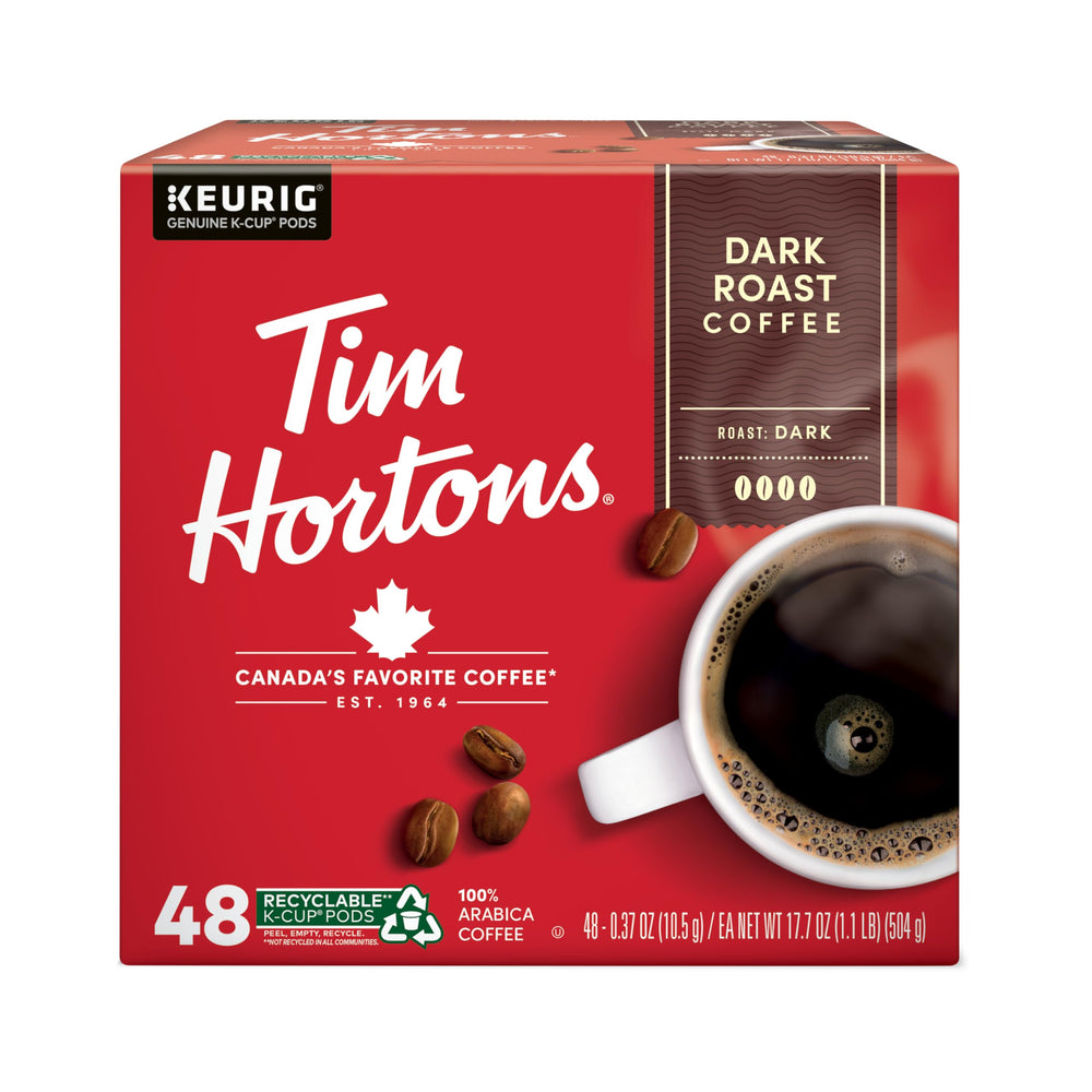 Tim Hortons Dark Roast K-Cup pods front view, bold flavor ready for your morning ritual.