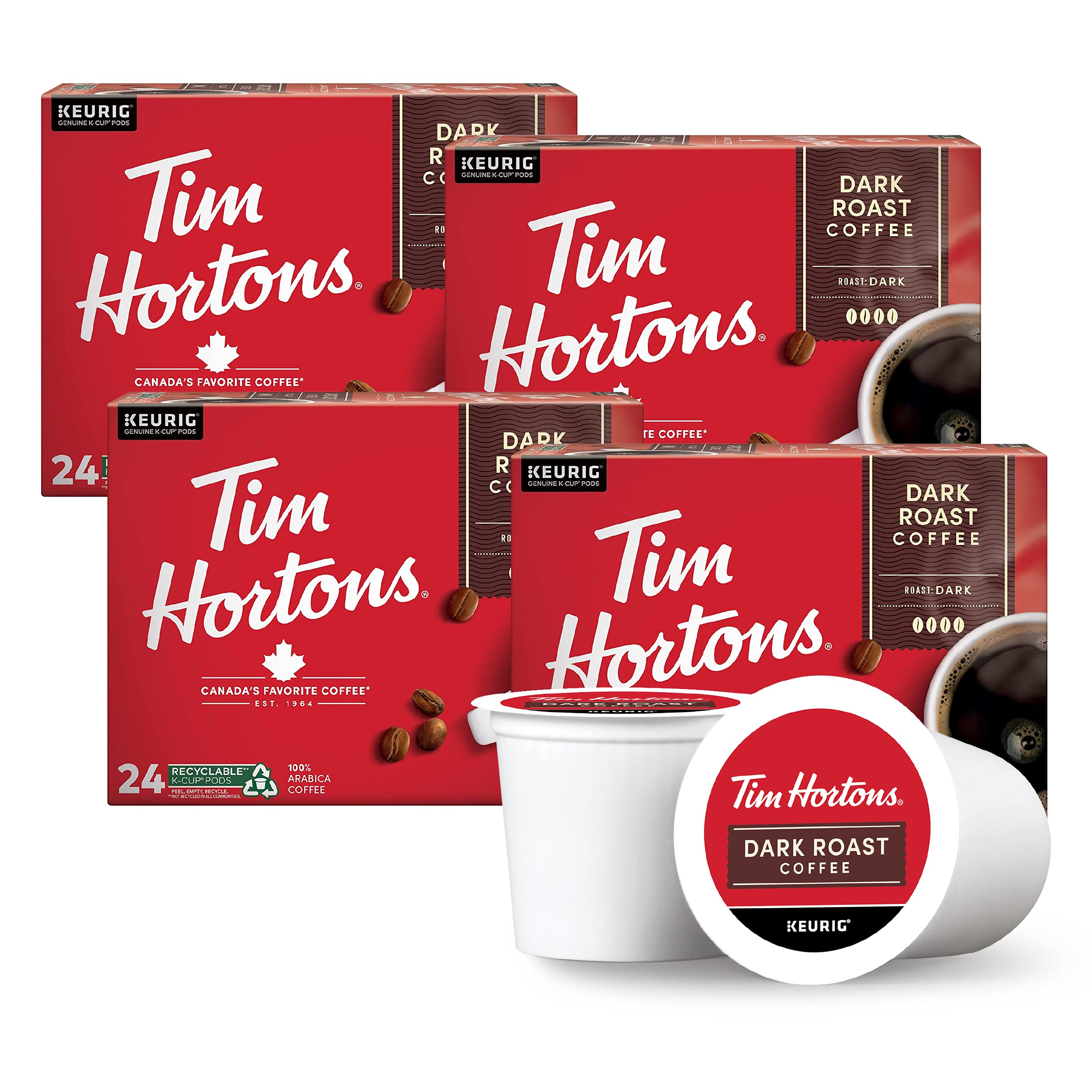 Tim Hortons Dark Roast pod in cup for a bold Keurig brew.