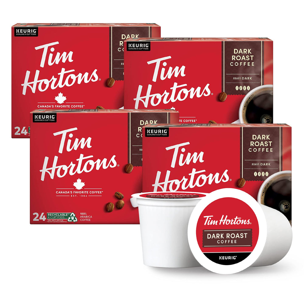 Tim Hortons Dark Roast pod in cup for a bold Keurig brew.