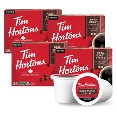 Tim Hortons Dark Roast pod in cup for a bold Keurig brew.