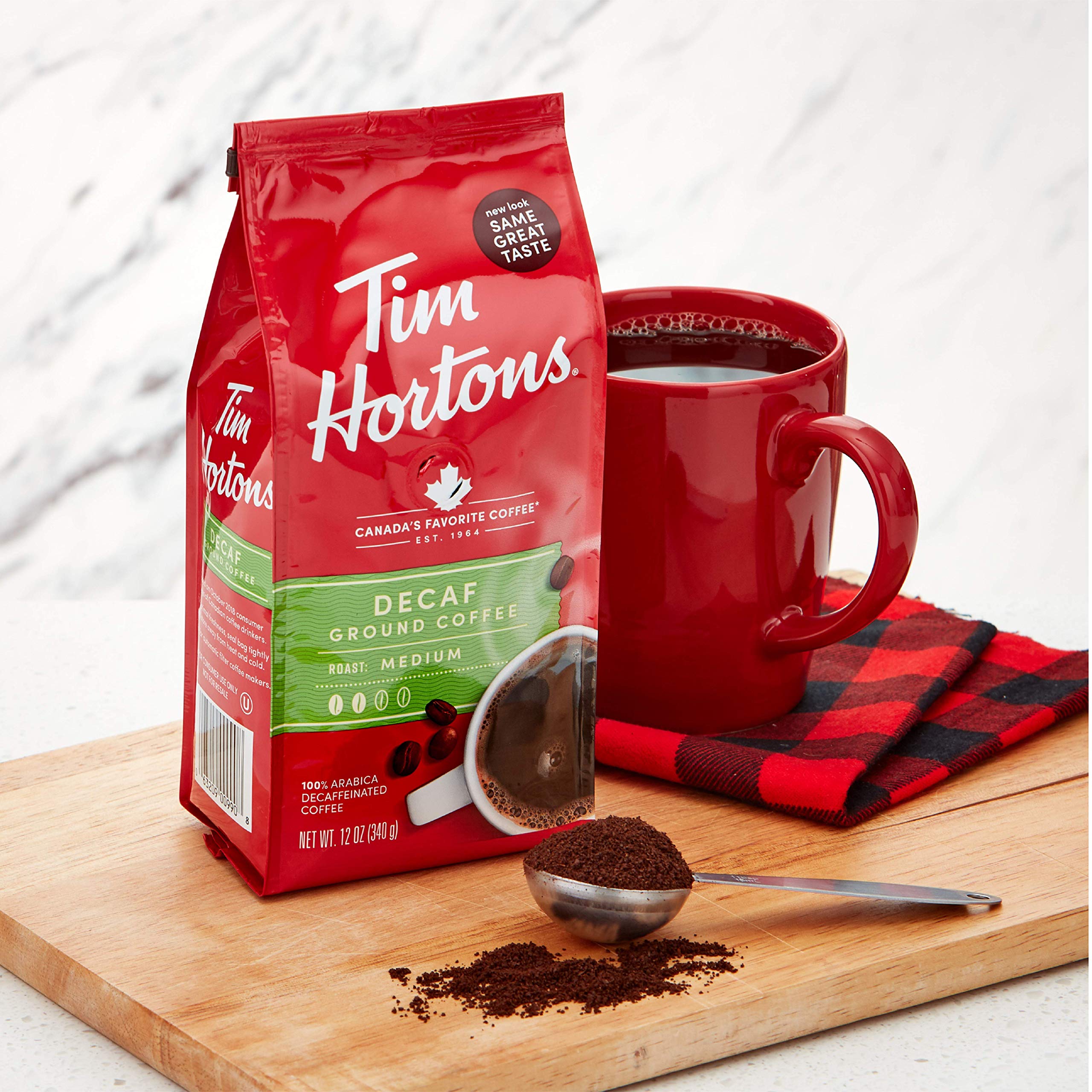 Tim Hortons Decaf Blend cup steaming, ideal for a relaxing morning ritual.