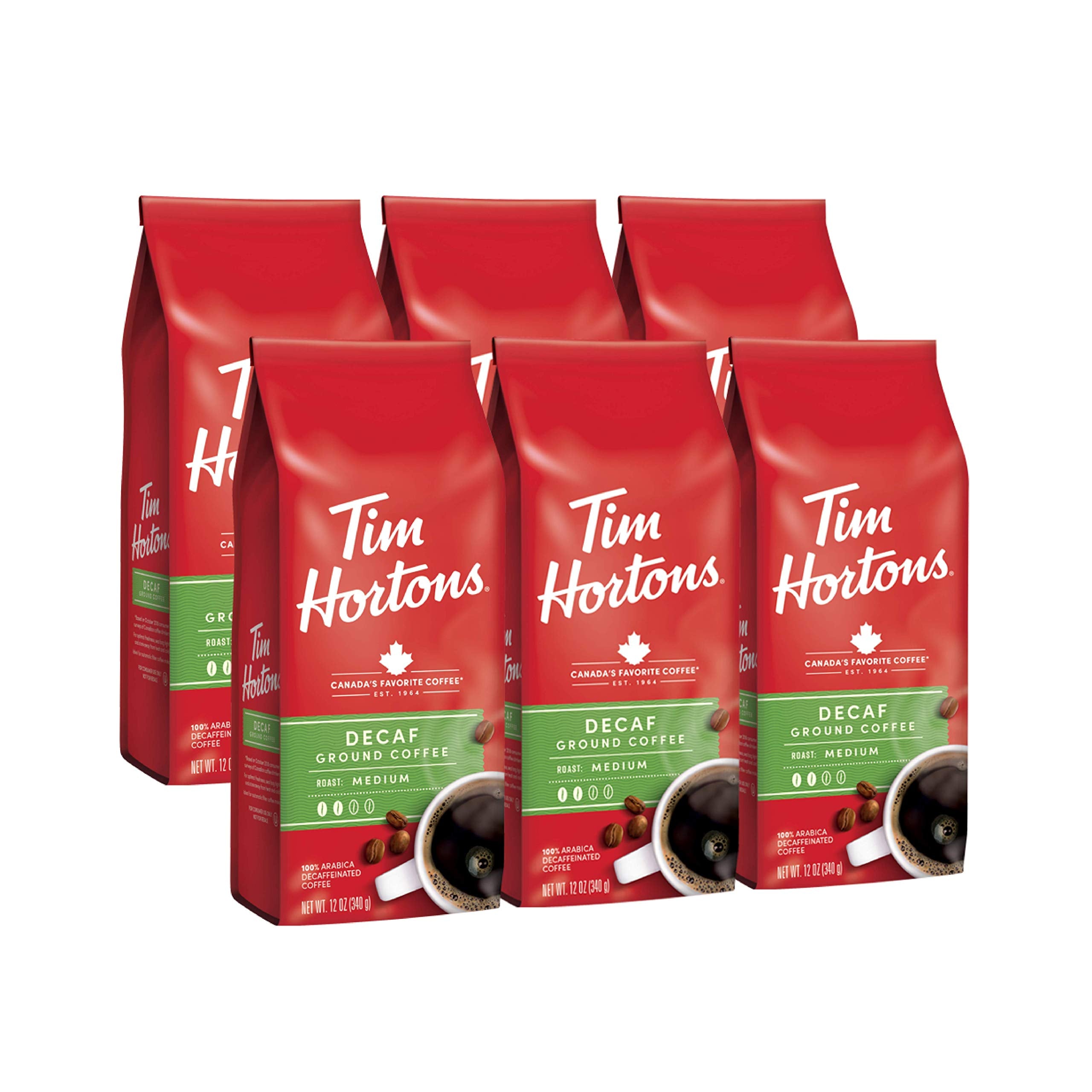 Tim Hortons Decaf Blend packaging on shelf, a convenient home coffee option.
