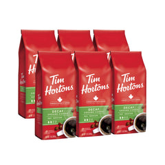 Tim Hortons Decaf Blend packaging on shelf, a convenient home coffee option.