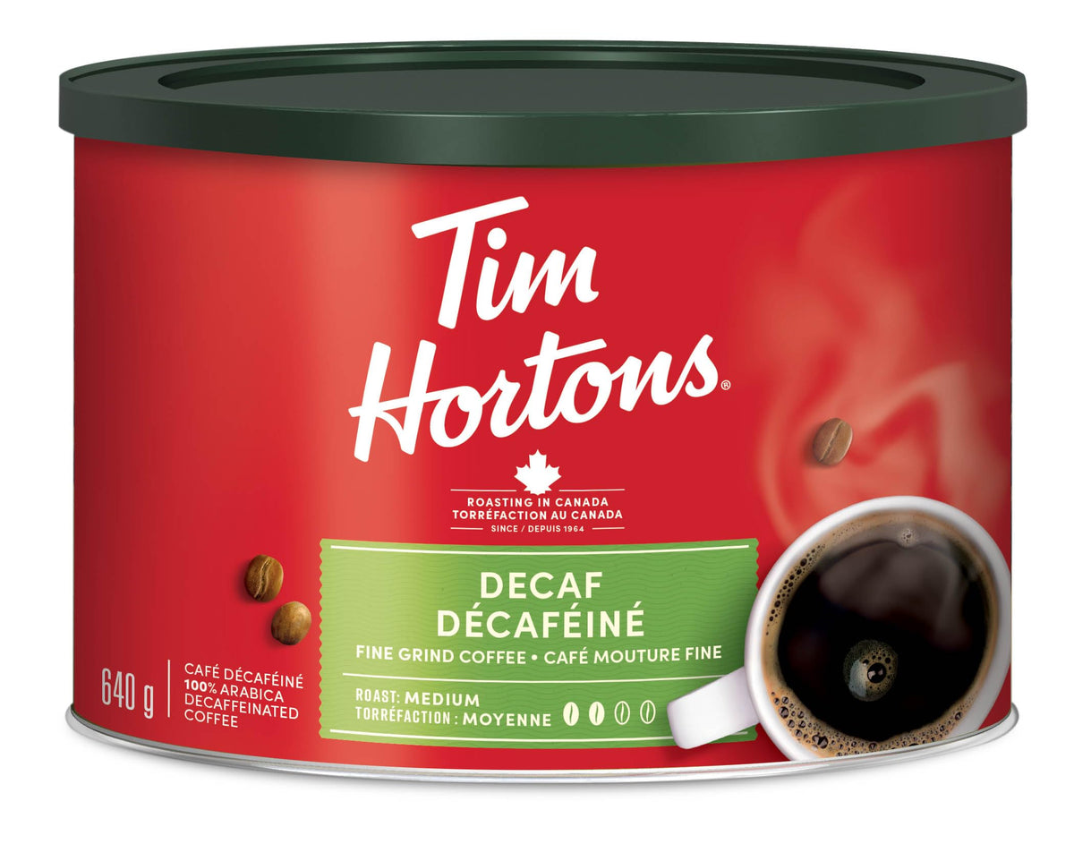 Tim Hortons decaf ground coffee 640g packaging, convenient everyday option.