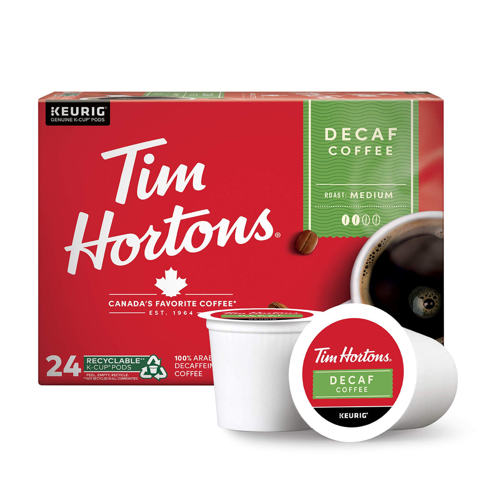Tim Hortons decaf medium roast capsules for Keurig brewers delivering smooth flavor.