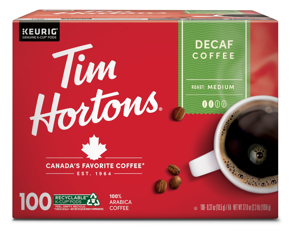 Tim Hortons Decaf Medium Roast K-Cup pods, ready for Keurig, delivering smooth flavor and convenience.